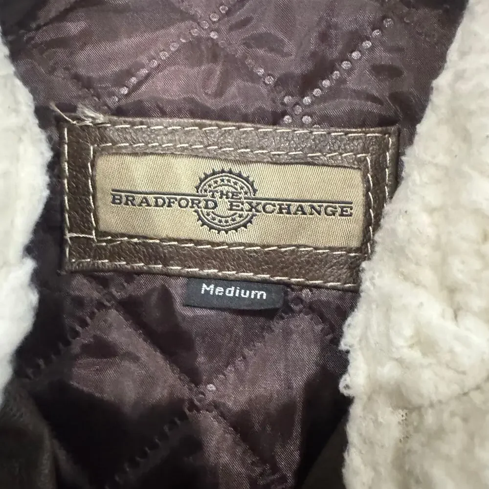 Bradford Exchange Leather Bomber Eagle Flag Embroidery Removable Collar M